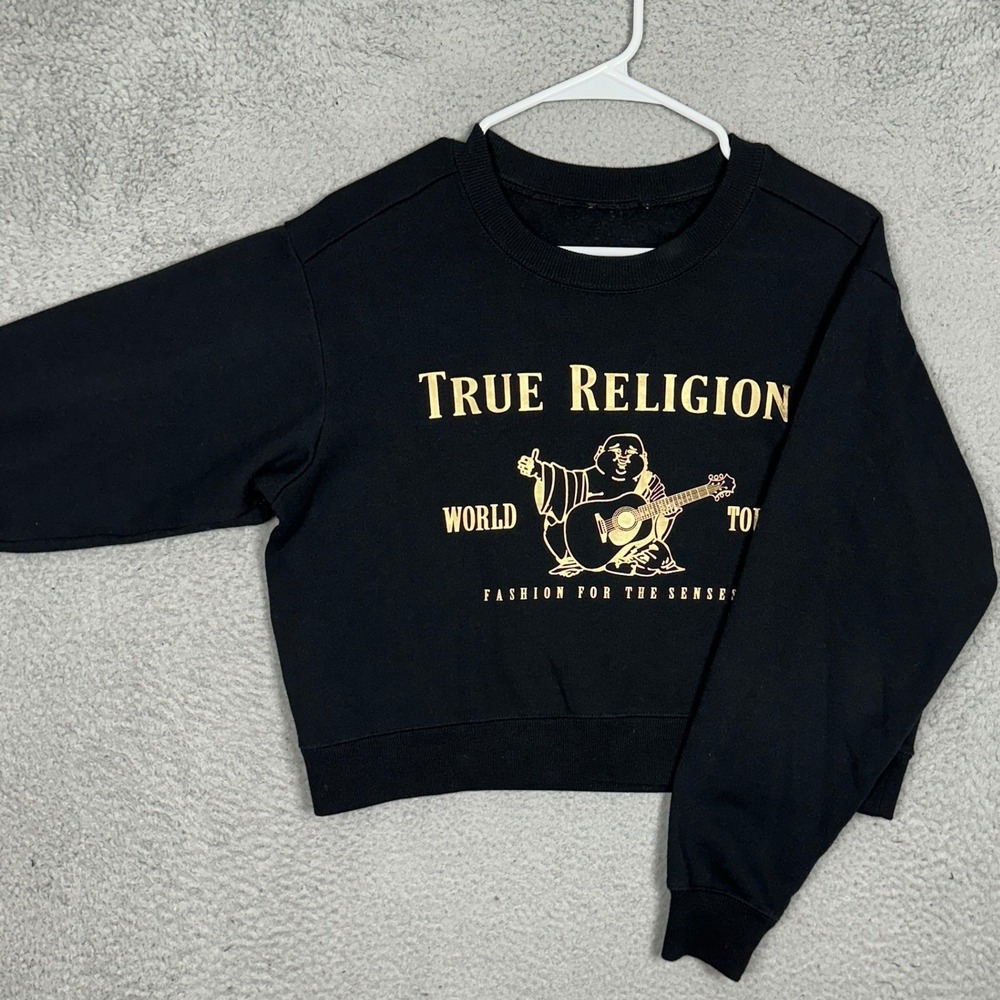 True Religion Sweatshirt Womens Medium Buddha Black Graphic Crewneck Cropped EUC